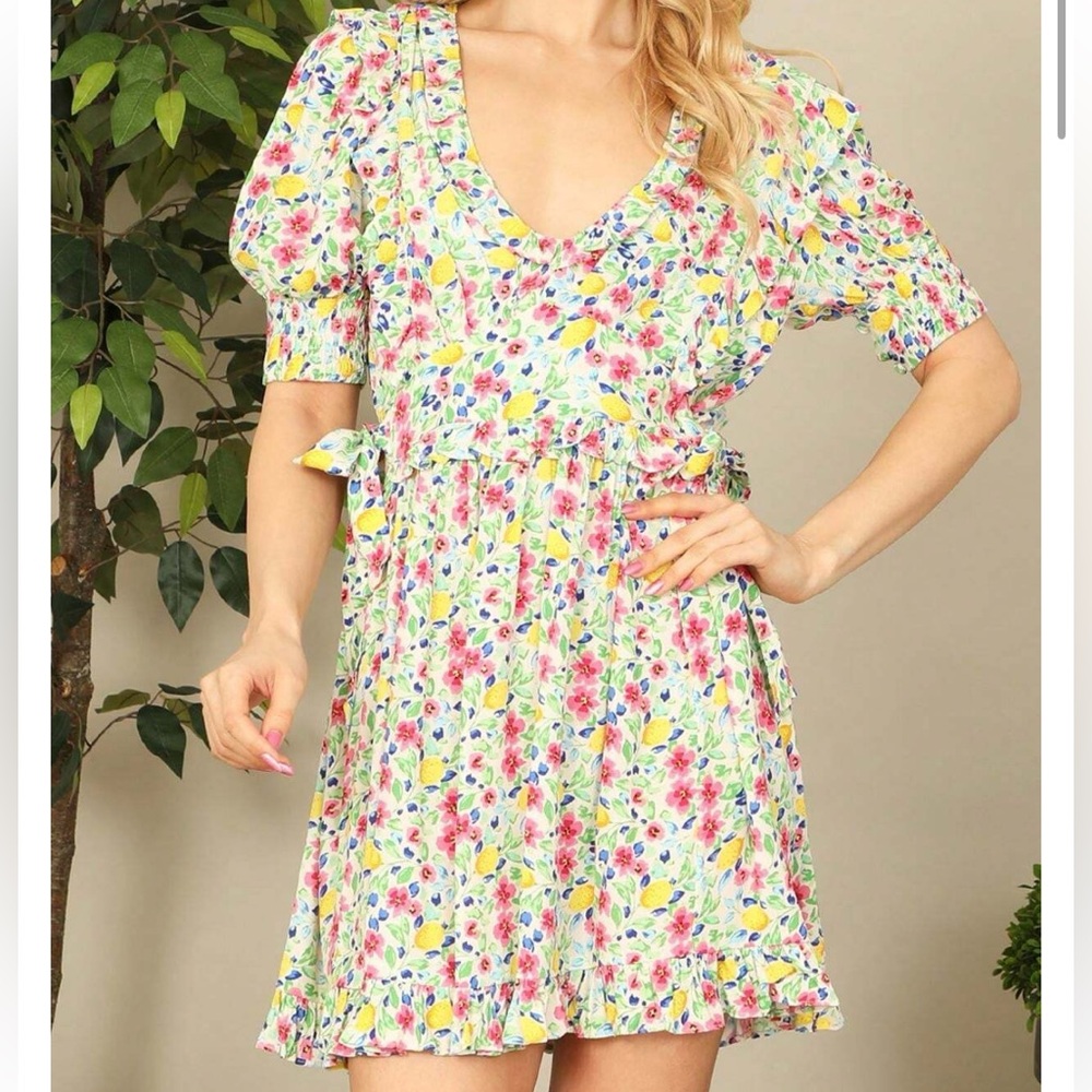Cream Multi Floral Smocked Puff Sleeve Ruffle Detail Back Tie Mini Dress